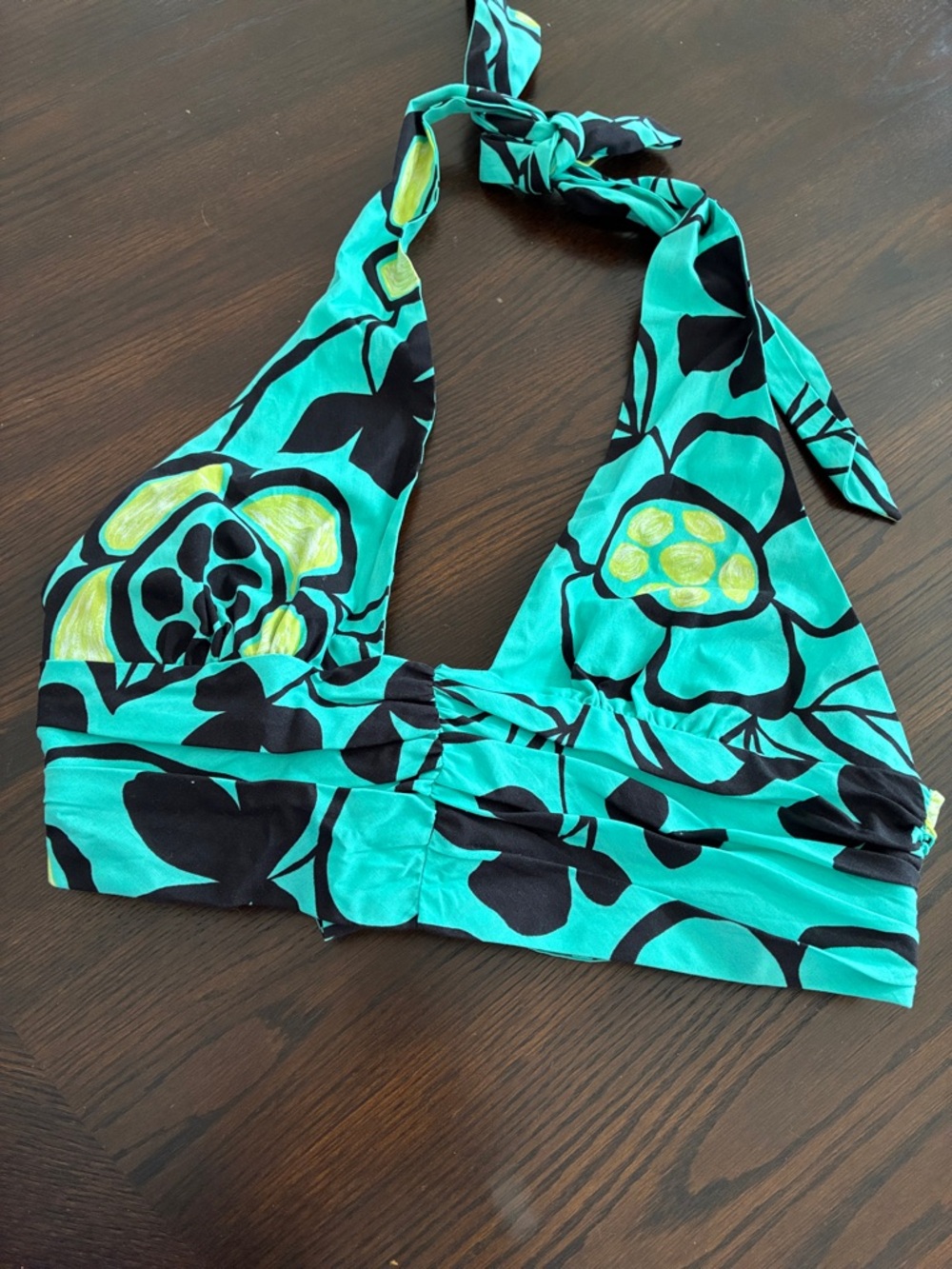 Zara Teal Floral Halter Crop Top with Black Accents